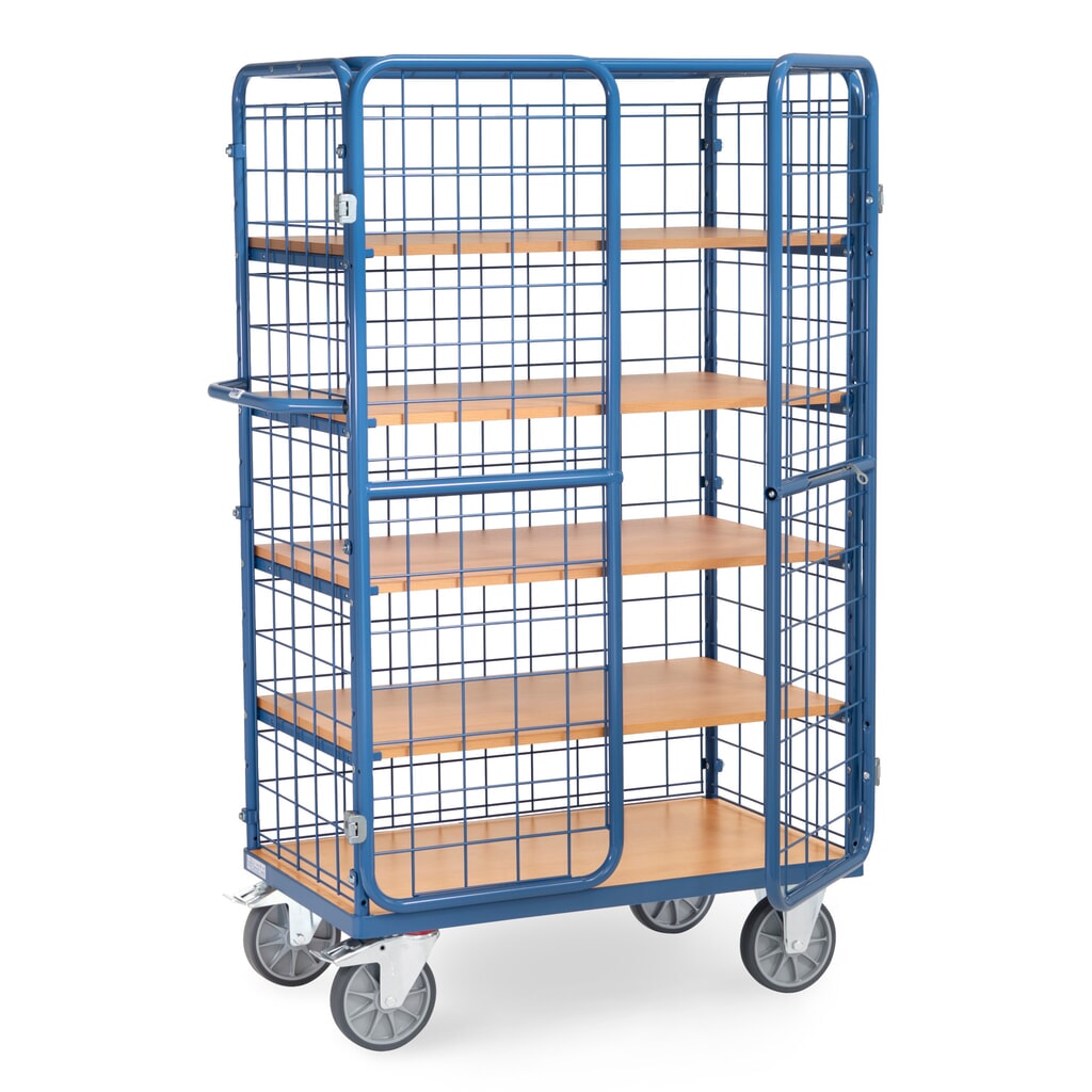 Product afbeelding: Kastwagen fetra®, draagvermogen 600 kg, gaaswanden, met dubbele draaideur, 5 etages van 1.000 x 600 mm