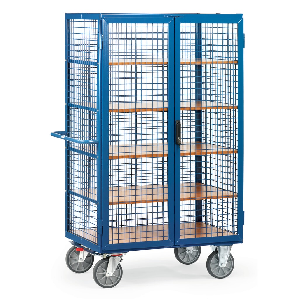 Product afbeelding: Kastwagen fetra®, draagvermogen 750 kg, gaaswanden, met dubbele draaideur, 5 etages van 1.000 x 680 mm