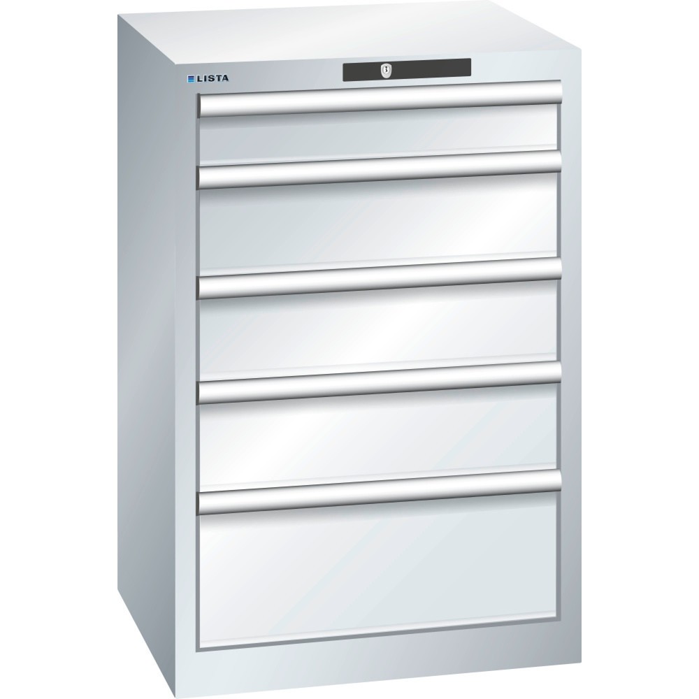 Product afbeelding: Ladekast LISTA 27x27E, (bxdxh) 564x572x850 mm, 5 lades, 1 x 100 / 3 x 150 / 1 x 200, lichtgrijs, KEY Lock