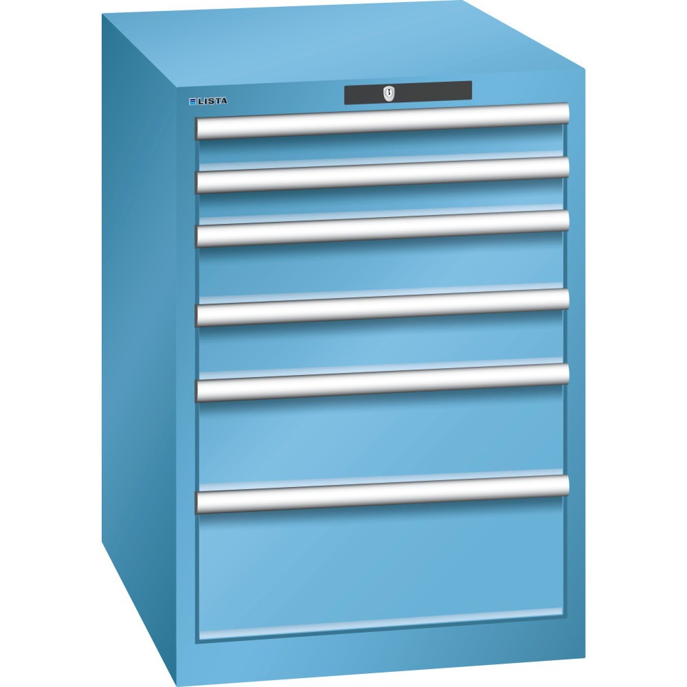 Product afbeelding: Ladekast LISTA 27x36E, (bxdxh) 564x725x800 mm, 6 lades, fronthoogten 75-200 mm, lichtblauw, KEY Lock