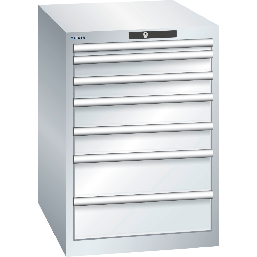 Product afbeelding: Ladekast LISTA 27x36E, (bxdxh) 564x725x800 mm, 7 lades, fronthoogten 50-150 mm, lichtgrijs, KEY Lock