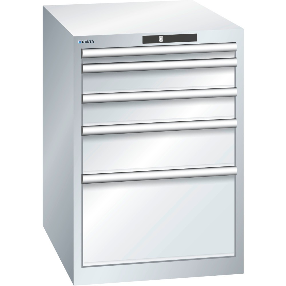 Product afbeelding: Ladekast LISTA 27x36E, (bxdxh) 564x725x800 mm, 5 lades, fronthoogten 50-300 mm, lichtgrijs, KEY Lock
