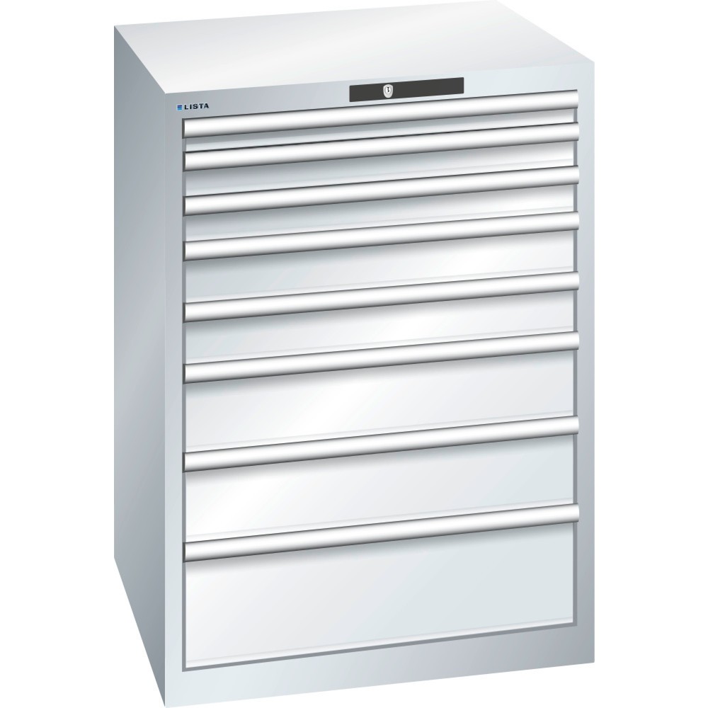 Product afbeelding: Ladekast LISTA 36x36E, (bxdxh) 717x725x1000 mm, 8 lades, fronthoogten 50-200 mm, lichtgrijs, KEY Lock
