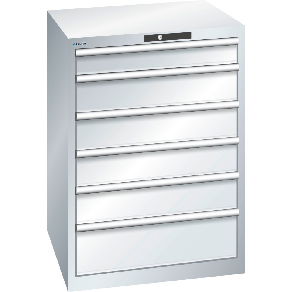 Product afbeelding: Ladekast LISTA 36x36E, (bxdxh) 717x725x1000 mm, 6 lades, 1 x 100 / 4 x 150 / 1 x 200, lichtgrijs, KEY Lock
