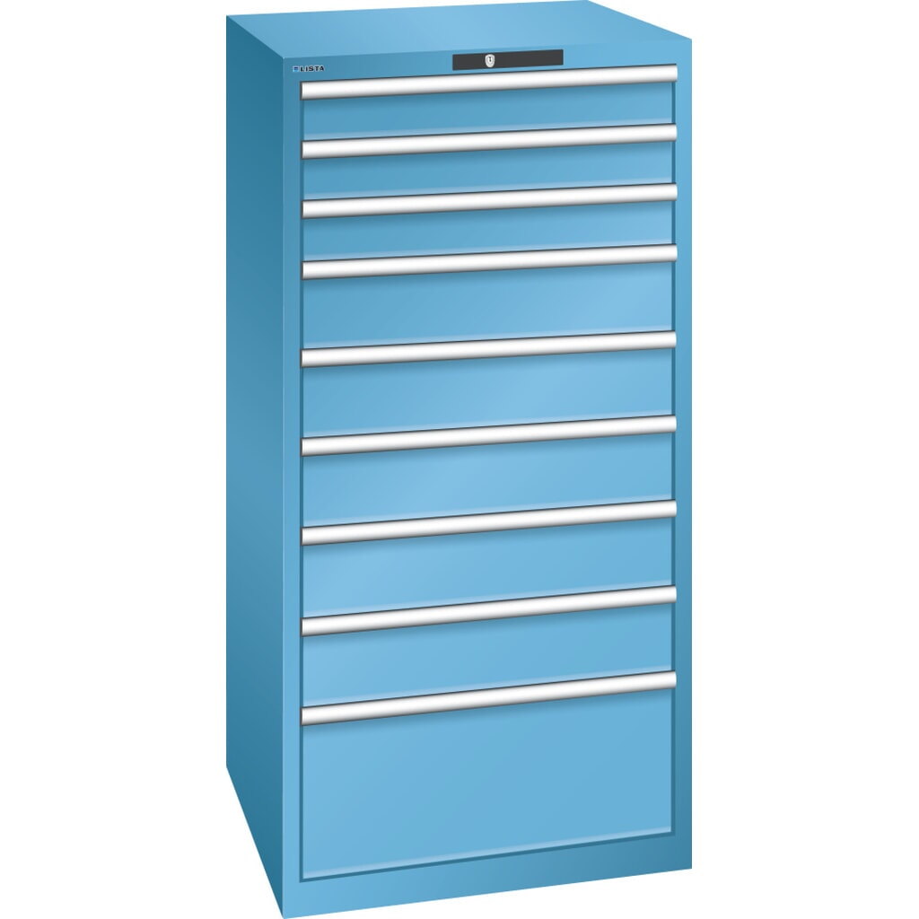 Ladekast LISTA 36x36E, (bxdxh) 717x725x1450 mm, 9 lades, 3 x 100 / 5 x 150 / 1 x 300, lichtblauw, KEY Lock Product afbeelding: Ladekast LISTA 36x36E, (bxdxh) 717x725x1450 mm, 9 lades, 3 x 100 / 5 x 150 / 1 x 300, lichtblauw, KEY Lock