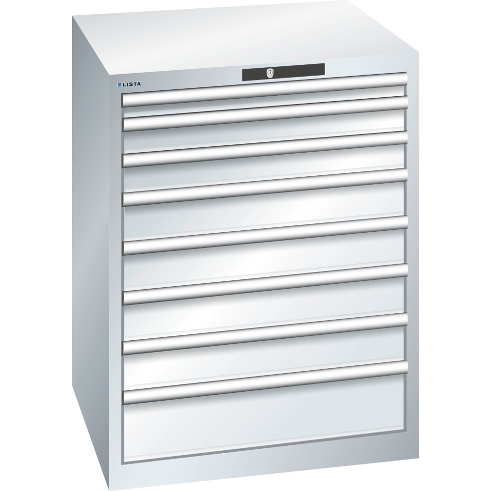 Product afbeelding: Ladekast LISTA 36x36E, (bxdxh) 717x725x850 mm, 8 lades, fronthoogten 50-150 mm, lichtgrijs, KEY Lock