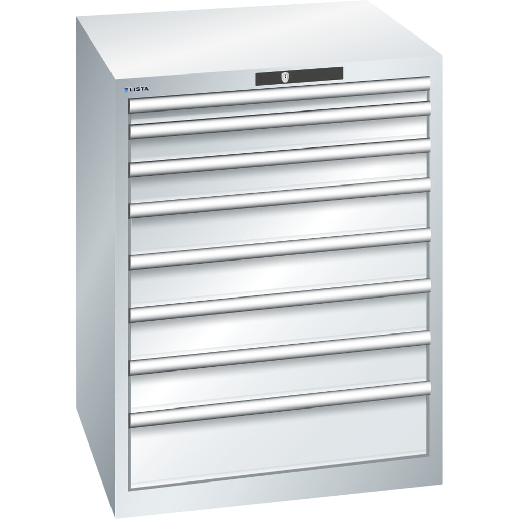 Ladekast LISTA 36x36E, (bxdxh) 717x725x850 mm, 8 lades, fronthoogten 50-150 mm, lichtgrijs, KEY Lock Product afbeelding: Ladekast LISTA 36x36E, (bxdxh) 717x725x850 mm, 8 lades, fronthoogten 50-150 mm, lichtgrijs, KEY Lock