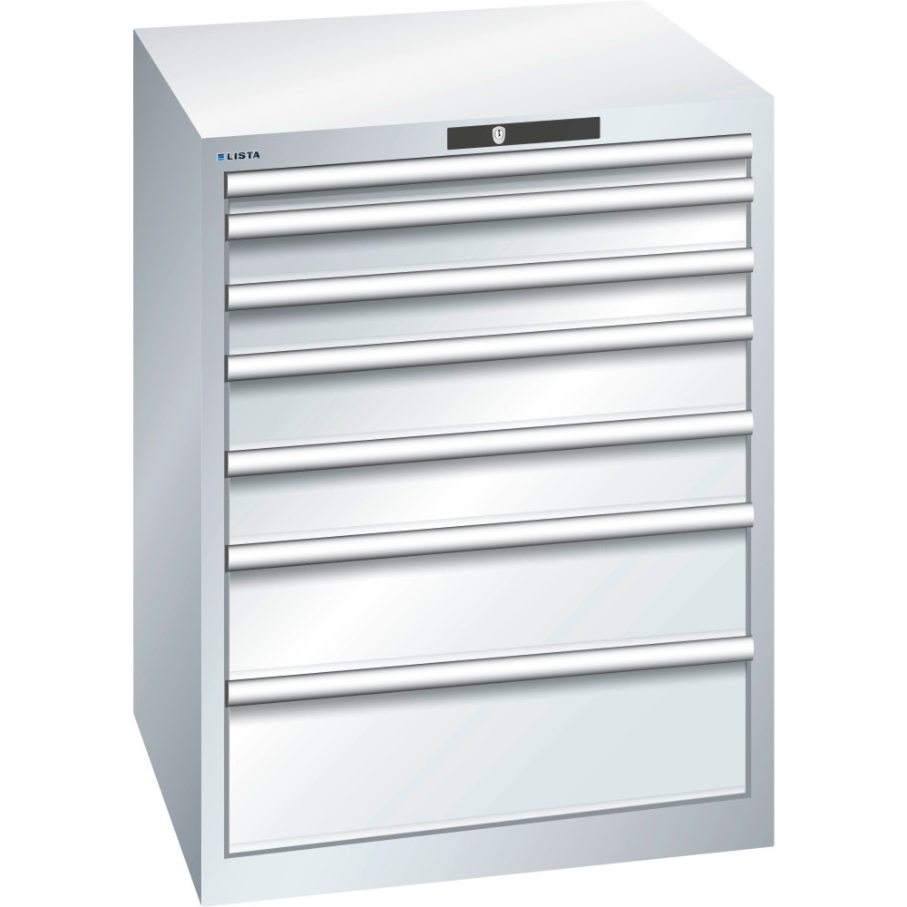 Product afbeelding: Ladekast LISTA 36x36E, (bxdxh) 717x725x850 mm, 7 lades, fronthoogten 50-200 mm, lichtgrijs, KEY Lock