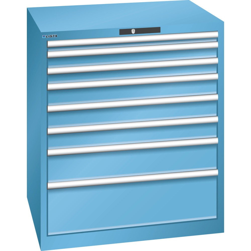 Product afbeelding: Ladekast LISTA 45x36E, (bxdxh) 870x725x1000 mm, 8 lades, fronthoogten 50-250 mm, lichtblauw, KEY Lock
