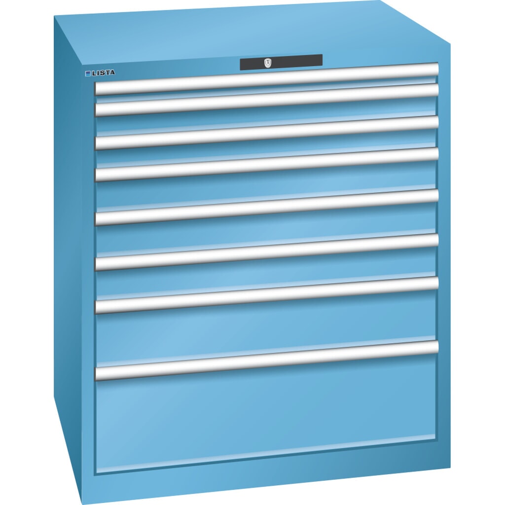 Product afbeelding: Ladekast LISTA 45x36E, (bxdxh) 870x725x1000 mm, 8 lades, fronthoogten 50-250 mm, lichtblauw, KEY Lock