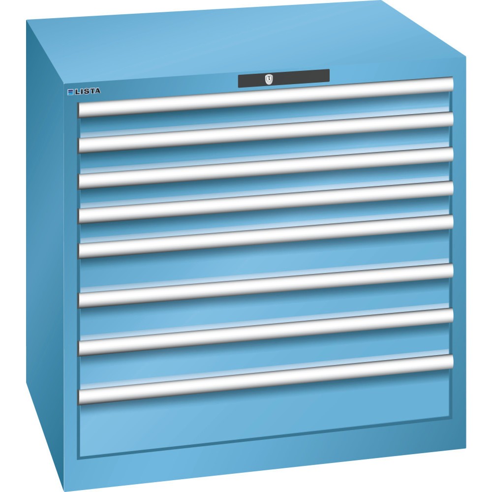 Product afbeelding: Ladekast LISTA 45x36E, (bxdxh) 870x725x850 mm, 8 lades, 4 x 75 / 3 x 100 / 1 x 150, lichtblauw, KEY Lock
