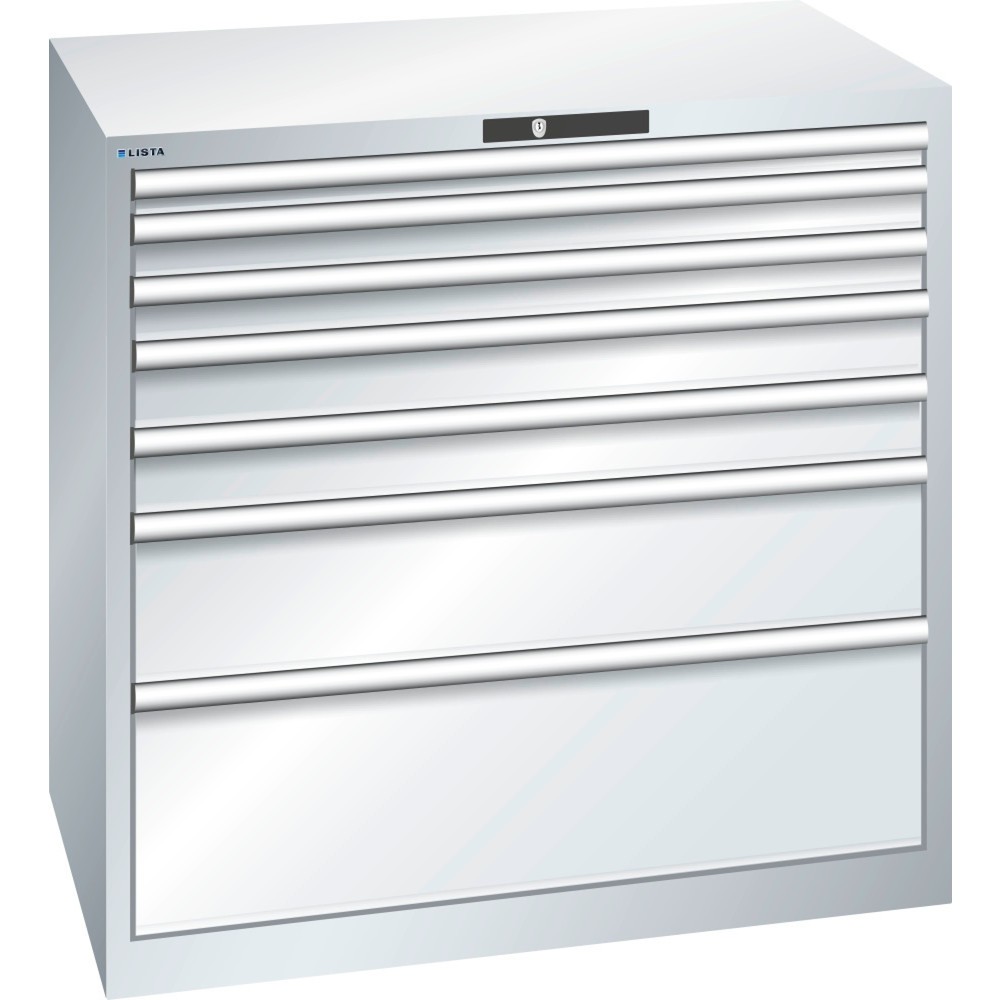 Product afbeelding: Ladekast LISTA 54x36E, (bxdxh) 1023x725x1000 mm, 7 lades, fronthoogten 50-300 mm, lichtgrijs, KEY Lock