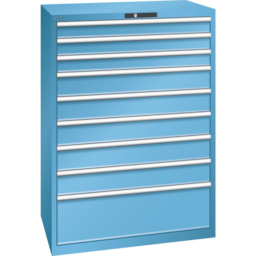 Product afbeelding: Ladekast LISTA 54x36E, (bxdxh) 1023x725x1450 mm, 9 lades, 3 x 100 / 5 x 150 / 1 x 300, lichtblauw, KEY Lock