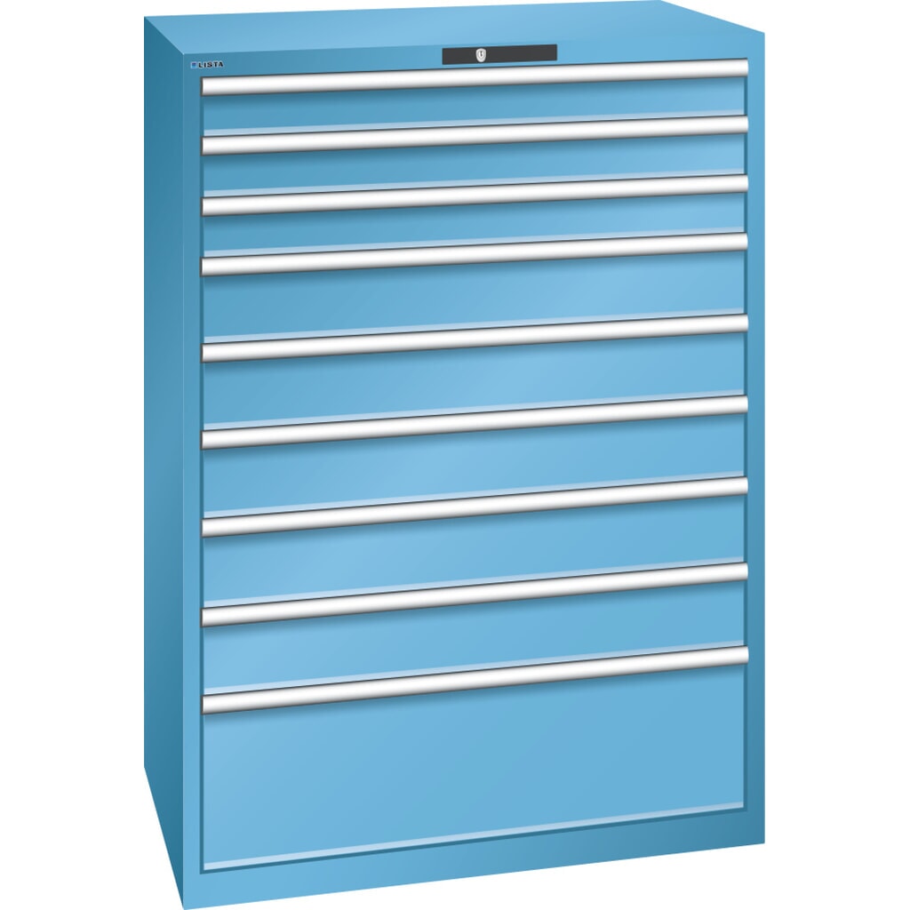 Product afbeelding: Ladekast LISTA 54x36E, (bxdxh) 1023x725x1450 mm, 9 lades, 3 x 100 / 5 x 150 / 1 x 300, lichtblauw, KEY Lock