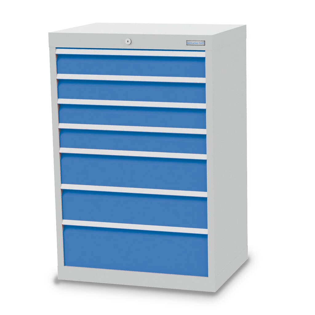 Ladekast Profi, laden 4x100 + 2x150 + 1x200 mm, breedte 680 mm, lichtgrijs, lichtblauw Product afbeelding: Ladekast Profi, laden 4x100 + 2x150 + 1x200 mm, breedte 680 mm, lichtgrijs, lichtblauw