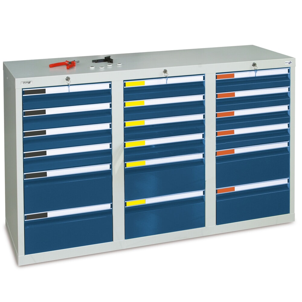 Product afbeelding: Ladenkast stumpf® Premium, laden 12x100 + 6x200 mm, hxbxd 900 x 1.500 x 500 mm, lichtgrijs