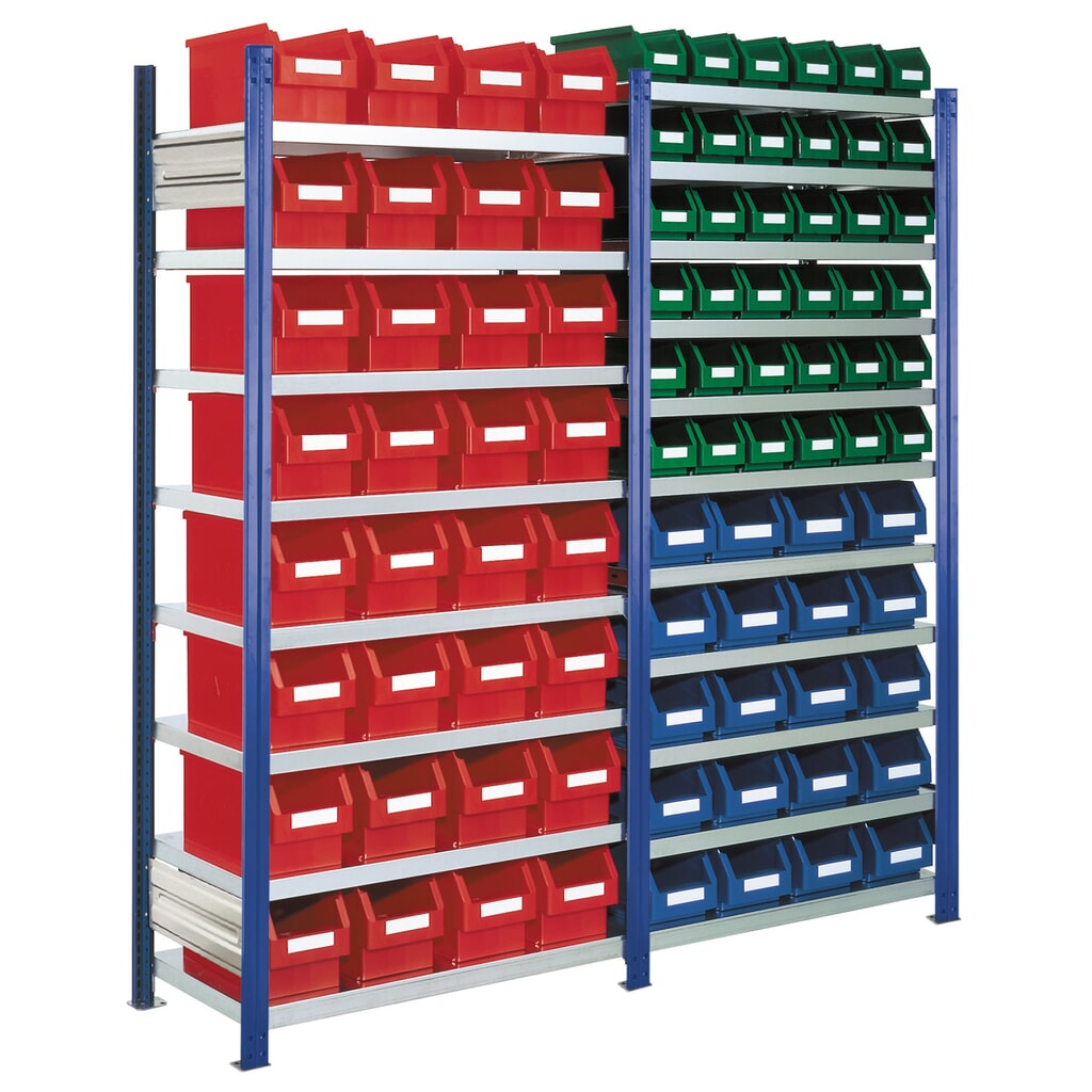 Productafbeelding nr. 1: Legbordrek Kappes RasterPlan, gentiaanblauw, met magazijnbakken, vaklast 100 kg, hxbxd 2.000 x 2.060 x 435 mm