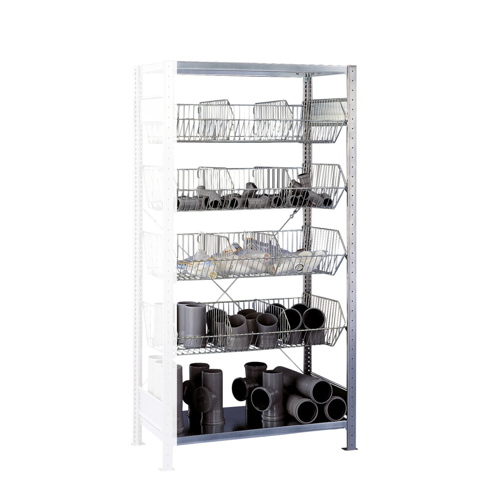Legbordrek SCHULTE met grofmazige korven, AV, hxbxd 2.000 x 1.000 x 500 mm, VL 150 kg Product afbeelding: Legbordrek SCHULTE met grofmazige korven, AV, hxbxd 2.000 x 1.000 x 500 mm, VL 150 kg