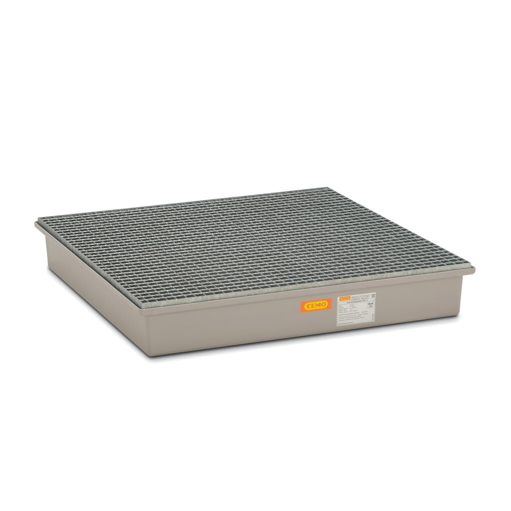 Lekbak CEMO van GFK, hxbxd 210 x 1.280 x 1.280 mm, stalen rooster Product afbeelding: Lekbak CEMO van GFK, hxbxd 210 x 1.280 x 1.280 mm, stalen rooster