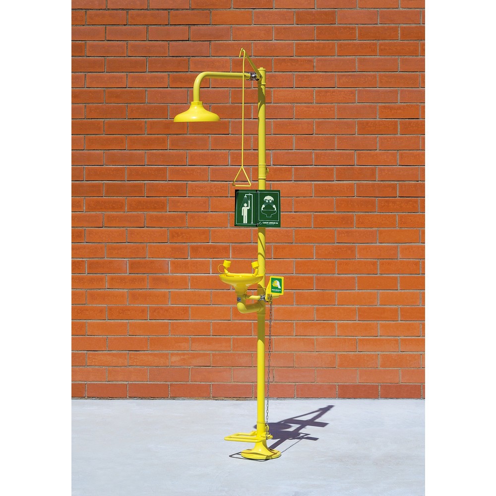 Product afbeelding: Lichaams- en oogdouche Erbstößer® met opvangbak, DIN EN 15154-1/-2/-5, staand model, kunststof douchekop / opvangbak, pedaalbediening voor de oogdouche