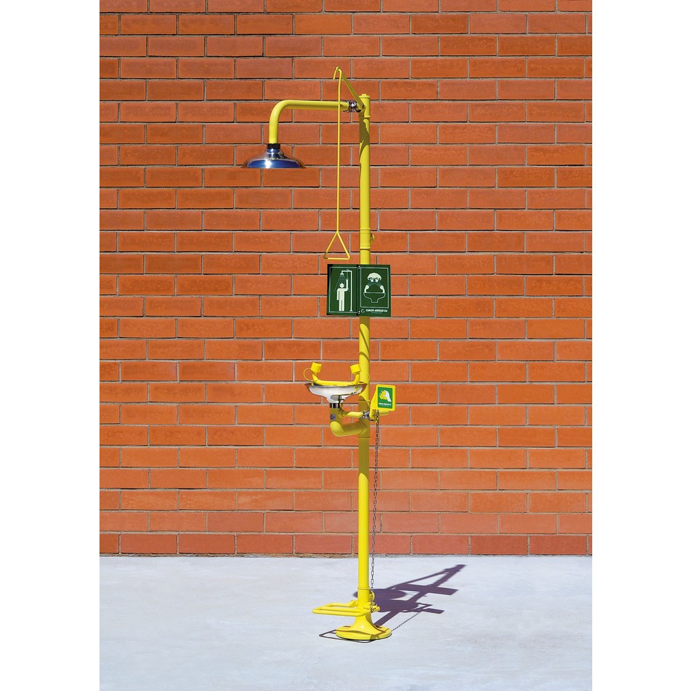 Product afbeelding: Lichaams- en oogdouche Erbstößer® met opvangbak, DIN EN 15154-1/-2/-5, staand model, roestvrijstalen douchekop / opvangbak, pedaalbediening voor de oogdouche