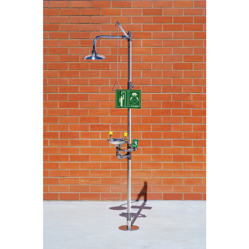 Product afbeelding: Lichaams- en oogdouche Erbstößer® met opvangbak, DIN EN 15154-1/-2/-5, staand model, volledig van roestvrij staal