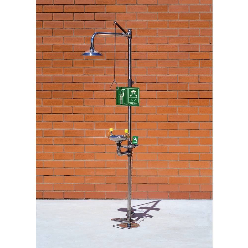 Product afbeelding: Lichaams- en oogdouche Erbstößer® met opvangbak, DIN EN 15154-1/-2/-5, staand model, volledig van roestvrij staal, pedaalbediening voor de oogdouche