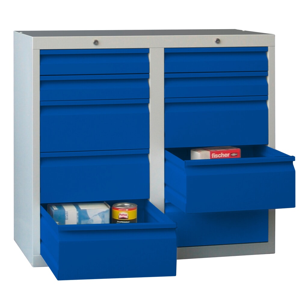 Lichte ladekast PAVOY, rolgeleiding, laden 4x100 + 6x200 mm, breedte 1.000 mm, lichtblauw, lichtgrijs Product afbeelding: Lichte ladekast PAVOY, rolgeleiding, laden 4x100 + 6x200 mm, breedte 1.000 mm, lichtblauw, lichtgrijs