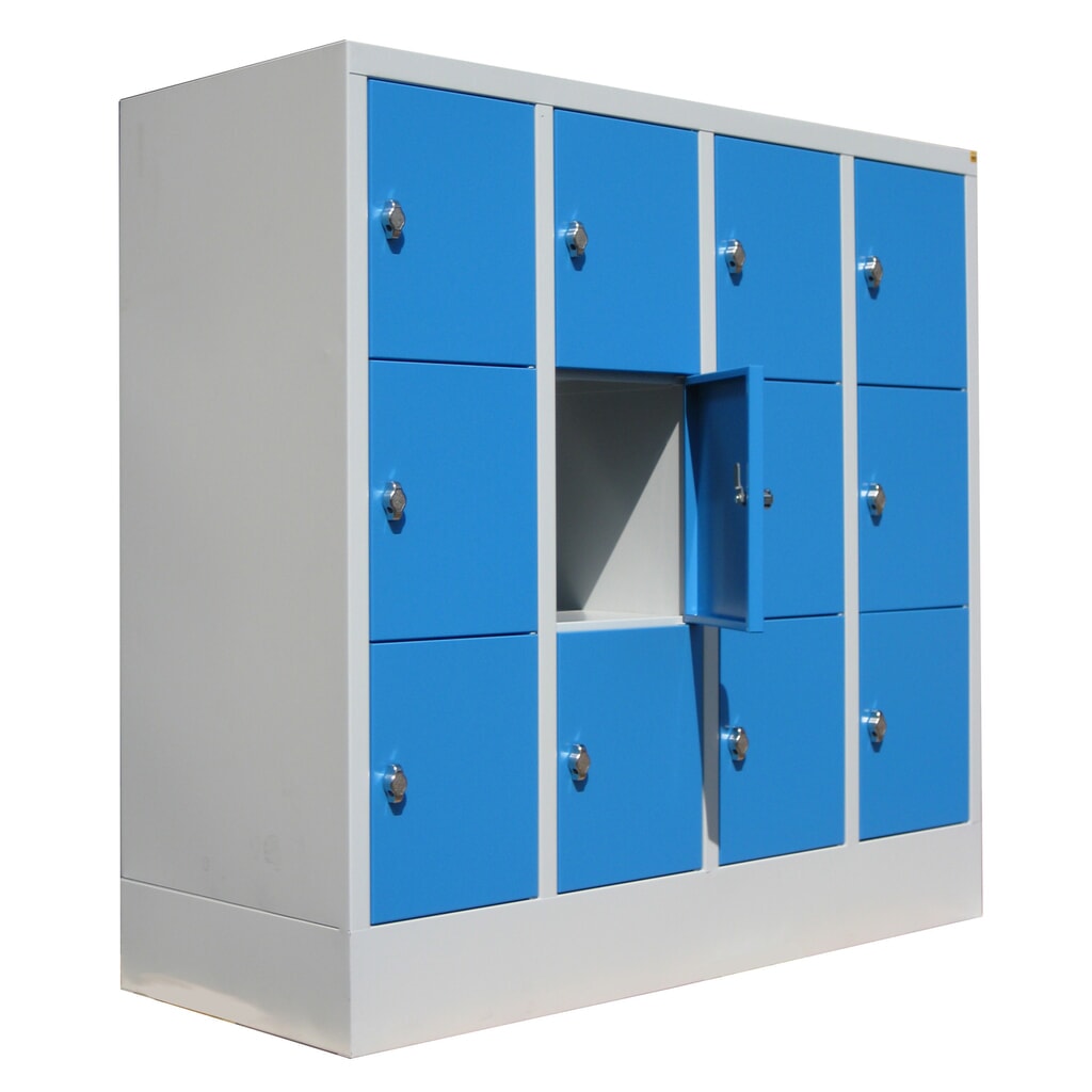 Locker PAVOY met draaivergrendeling, 4 x 3 vakken, lichtgrijs, lichtblauw Product afbeelding: Locker PAVOY met draaivergrendeling, 4 x 3 vakken, lichtgrijs, lichtblauw