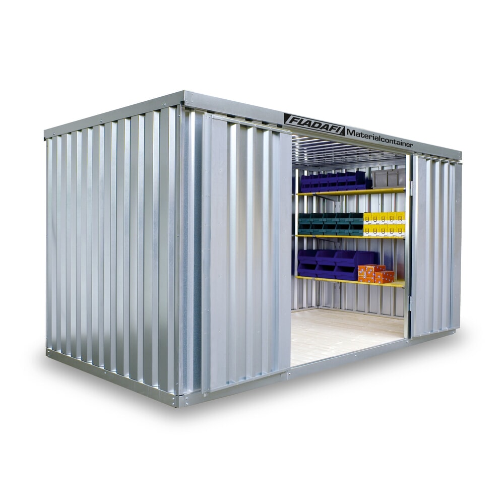 Product afbeelding: FLADAFI® materiaalcontainer, verzinkt, gedemonteerd, 2 m², met houten vloer, hxbxd 2.150 x 2.100 x 1.140 mm, dubbele draaideur (asymmetrische verdeling), gecentreerd in de brede zijde