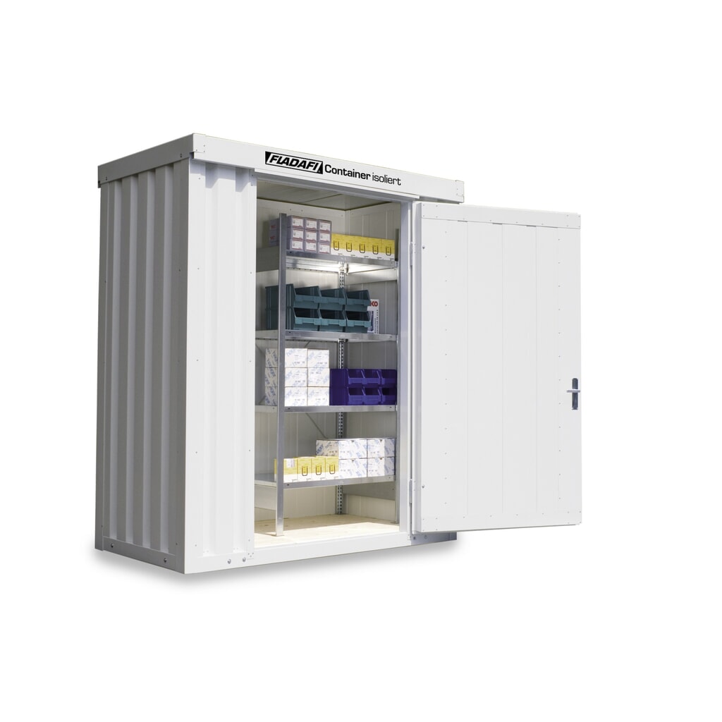 Product afbeelding: FLADAFI® materiaalcontainer, isoleert, 2 m², met houten vloer, hxbxd 2.405 x 2.100 x 1.140 mm, enkele draaideur, gecentreerd in de brede zijde