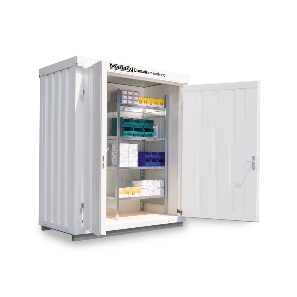 FLADAFI® materiaalcontainer, isoleert, 2 m², met geïsoleerde vloer, hxbxd 2.500 x 2.100 x 1.140 mm, dubbele draaideur (asymmetrische indeling), gecentreerd in de brede zijde Product afbeelding: FLADAFI® materiaalcontainer, isoleert, 2 m², met geïsoleerde vloer, hxbxd 2.500 x 2.100 x 1.140 mm, dubbele draaideur (asymmetrische indeling), gecentreerd in de brede zijde