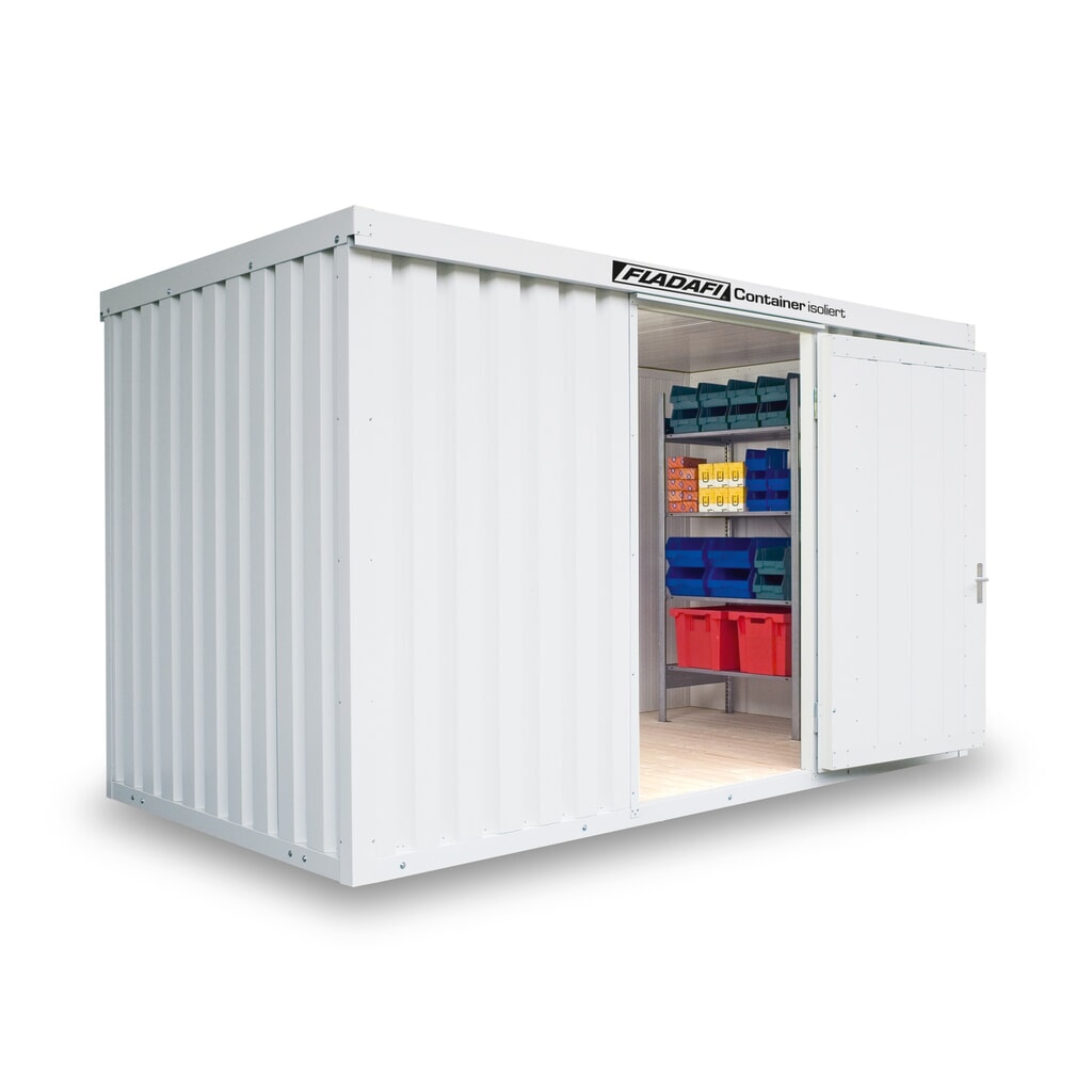 FLADAFI® materiaalcontainer, isoleert, 8 m², met houten vloer, hxbxd 2.405 x 4.050 x 2.170 mm, enkele draaideur, gecentreerd in de brede zijde Product afbeelding: FLADAFI® materiaalcontainer, isoleert, 8 m², met houten vloer, hxbxd 2.405 x 4.050 x 2.170 mm, enkele draaideur, gecentreerd in de brede zijde