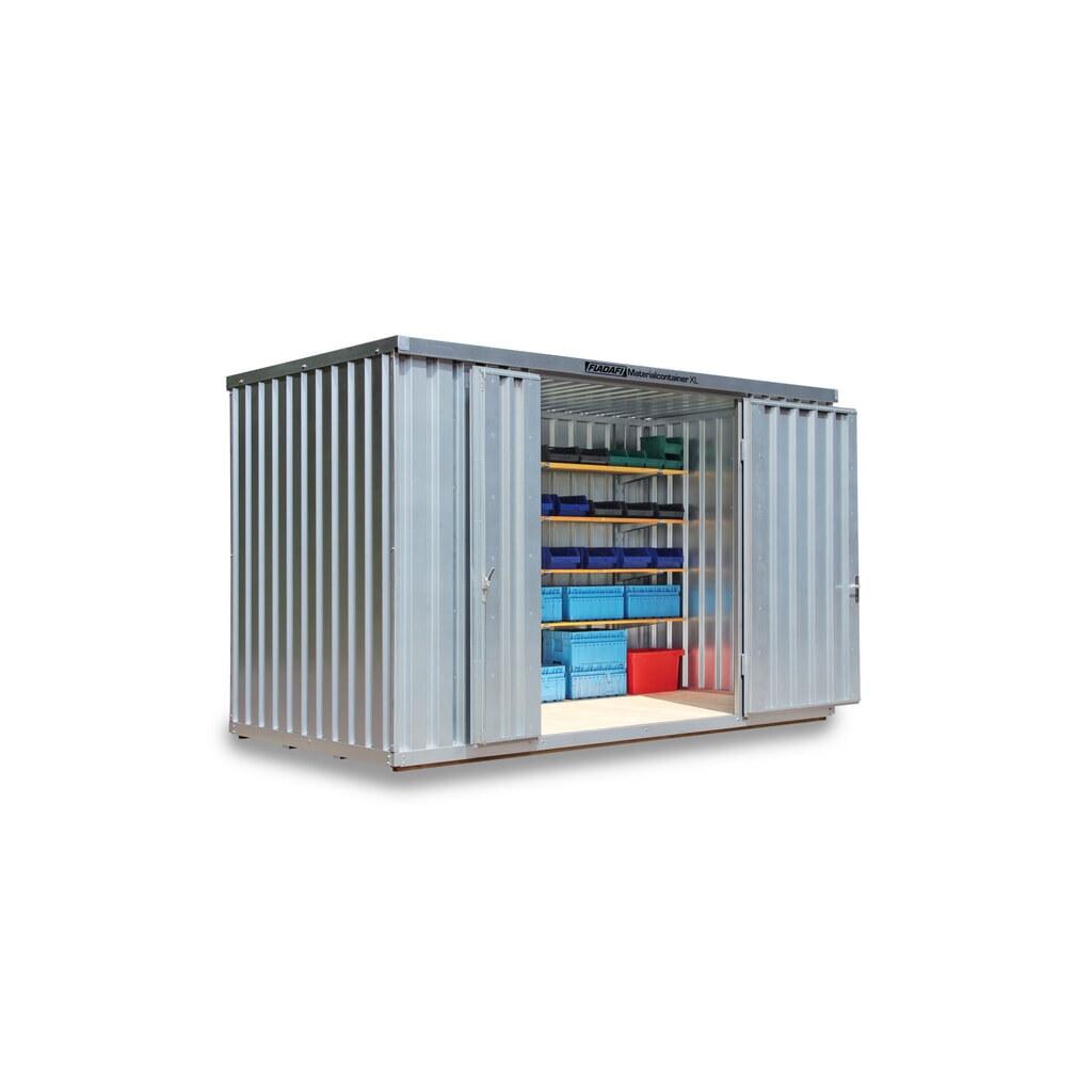 Product afbeelding: FLADAFI® materiaalcontainer, gegalvaniseerd, gemonteerd, XL 10 m², met houten vloer, hxbxd 2.532 x 5.080 x 2.170 mm, dubbele draaideur (asymmetrische indeling), gecentreerd aan de voorzijde
