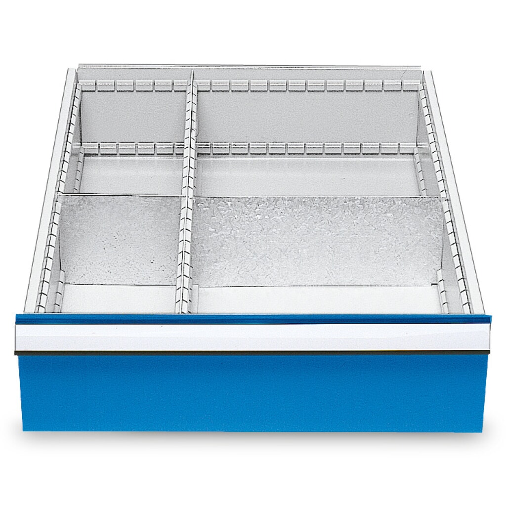 Metalen ladeverdeler voor koppelbare werkbanken, voor fronthoogte 150 mm, 4 vakken Product afbeelding: Metalen ladeverdeler voor koppelbare werkbanken, voor fronthoogte 150 mm, 4 vakken