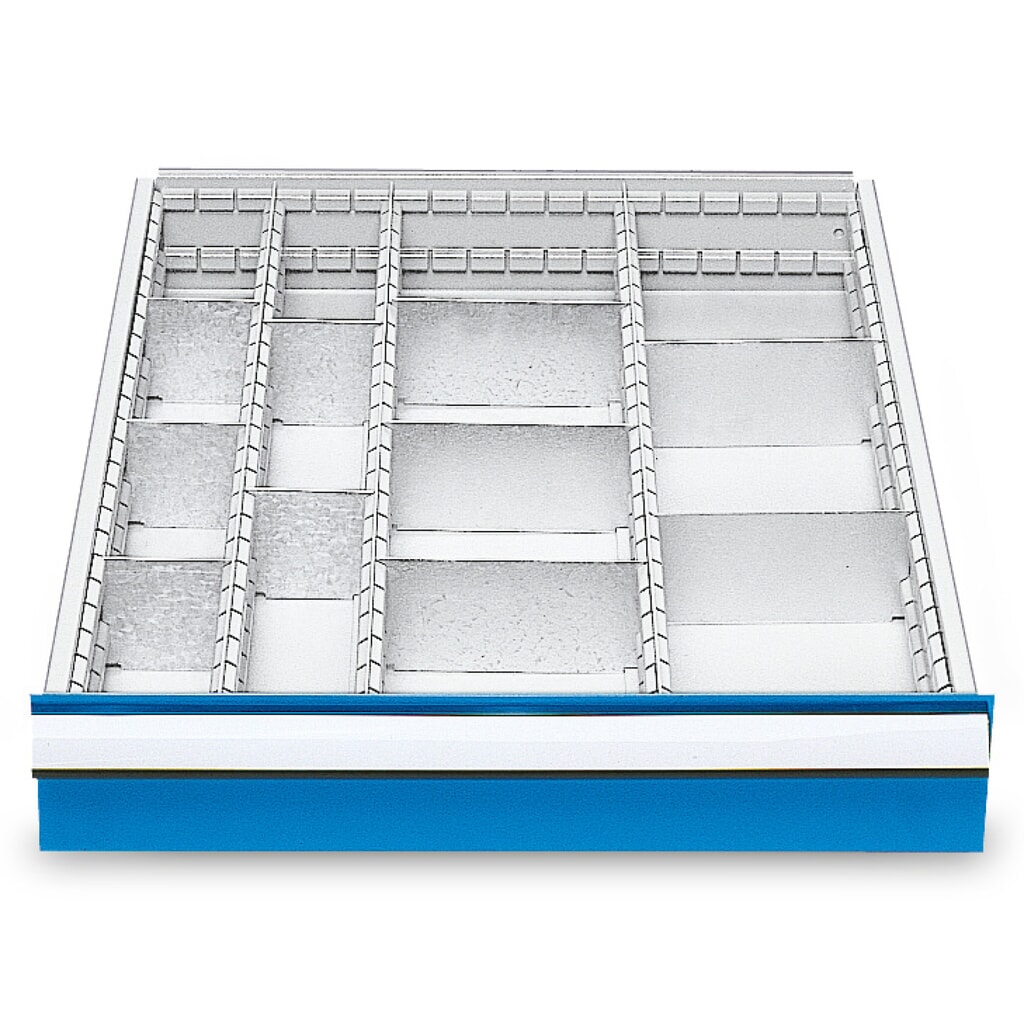 Metalen ladeverdeler voor koppelbare werkbanken, voor fronthoogte 100 mm Product afbeelding: Metalen ladeverdeler voor koppelbare werkbanken, voor fronthoogte 100 mm