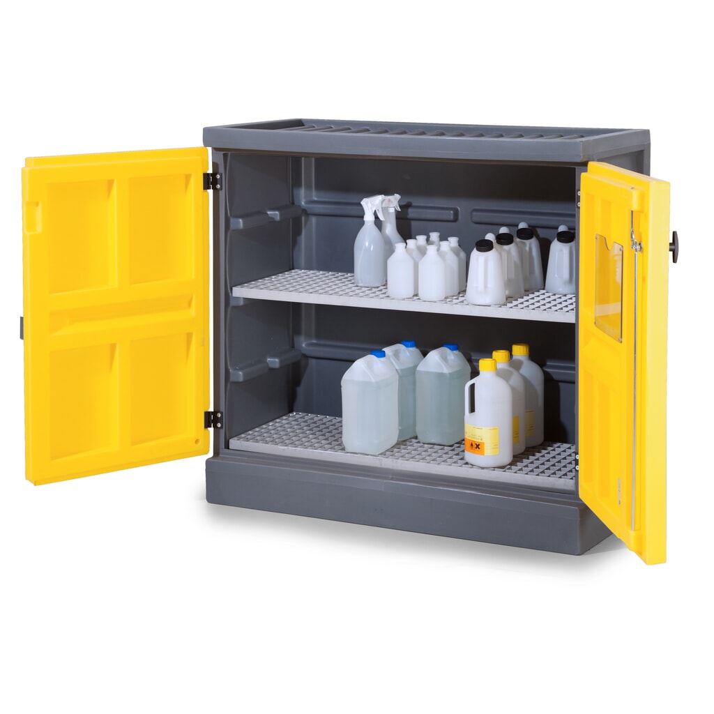 Denios chemicaliënkast van PE, hxbxd 1.130 x 1.225 x 640 mm, 2 roestvrijstalen roosters Product afbeelding: Denios chemicaliënkast van PE, hxbxd 1.130 x 1.225 x 640 mm, 2 roestvrijstalen roosters