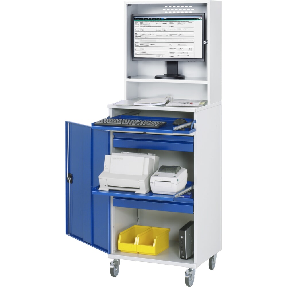 Productafbeelding nr. 1: Mobiele computerkast RAU, monitorbehuizing, uitschuifblad voor het toetsenbord, draaideur, aantal lades x h x b: 2 x 80 x 570 mm