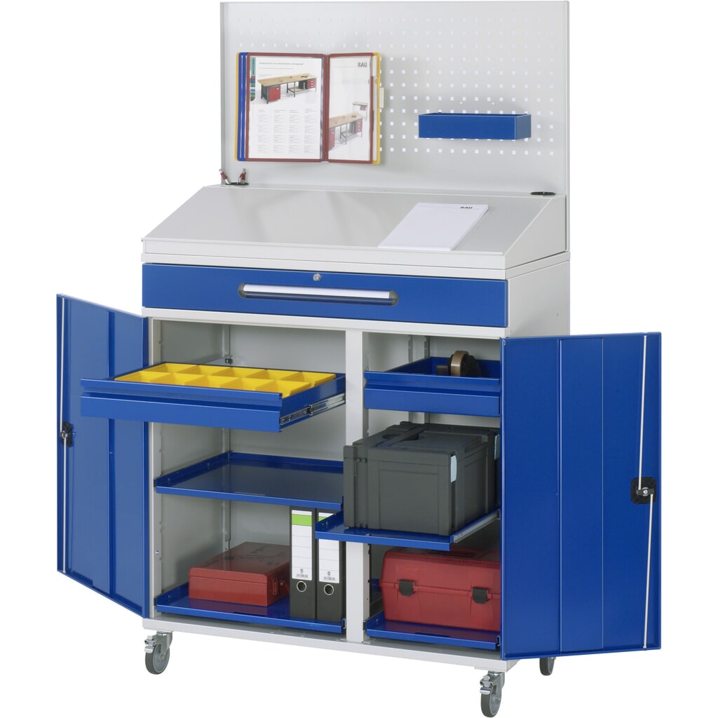 Product afbeelding: RAU mobiele rollende lessenaar, HxBxD 1.235-1.895 x 1.100 x 520 mm, lades 2 x 80, 1 x 120 mm