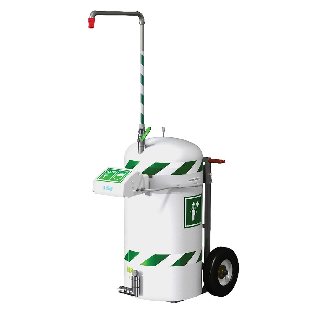 Mobiele lichaams- en oogdouche Justrite® J40K45G Hughes, warmte-isolatie, tank van 114 liter Product afbeelding: Mobiele lichaams- en oogdouche Justrite® J40K45G Hughes, warmte-isolatie, tank van 114 liter