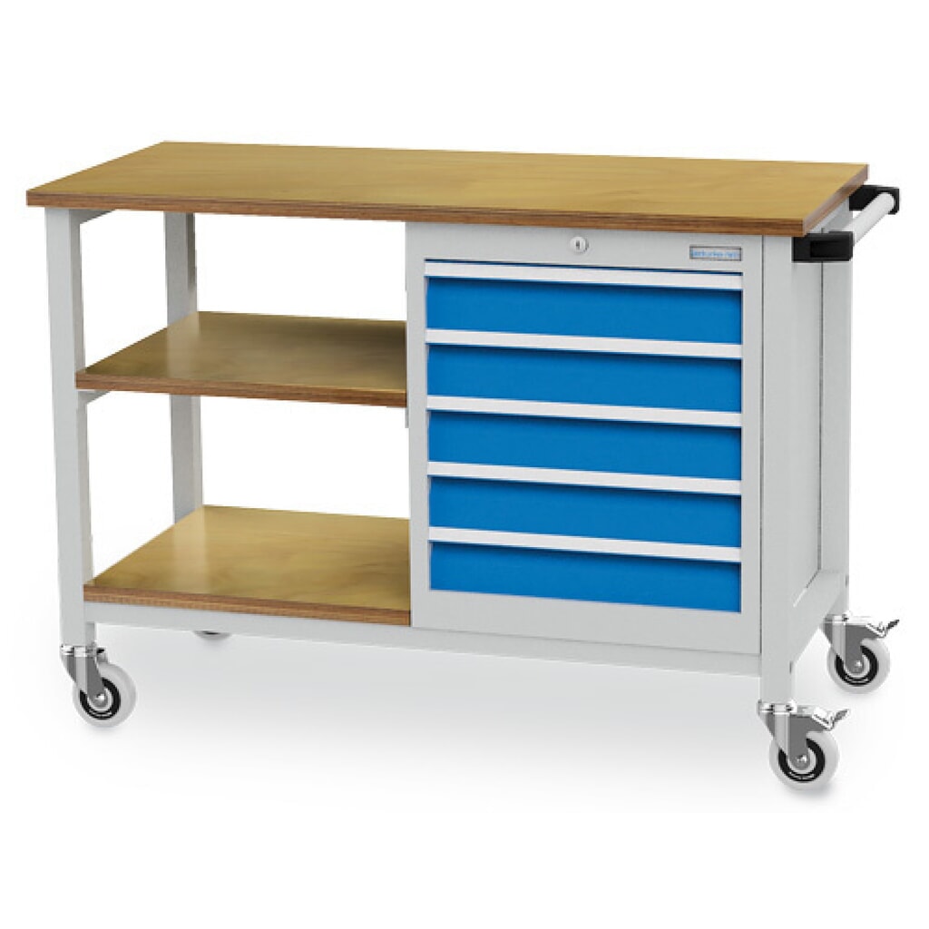 Mobiele Werkbank Bedrunka+Hirth R 18-16, hxbxd 880 x 1.200 x 540 mm, lichtgrijs, lichtblauw, 2 legborden, 5 lades 5x100 mm Product afbeelding: Mobiele Werkbank Bedrunka+Hirth R 18-16, hxbxd 880 x 1.200 x 540 mm, lichtgrijs, lichtblauw, 2 legborden, 5 lades 5x100 mm