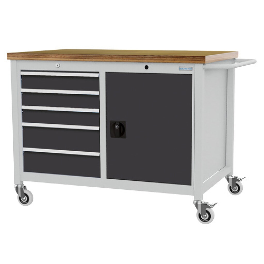 Product afbeelding: Mobiele werkbank Bedrunka+Hirth R 18-24, hxbxd 950 x 1.250 x 750 mm, lichtgrijs, antracietgrijs, 5 lades 3x100 + 2x150 mm, 1 draaideur 1x600 mm