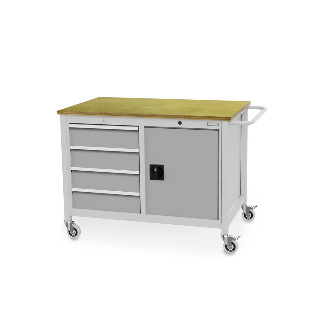 Mobiele werkbank, kast, 4 lades, cap. 400 kg, witaluminium Product afbeelding: Mobiele werkbank, kast, 4 lades, cap. 400 kg, witaluminium