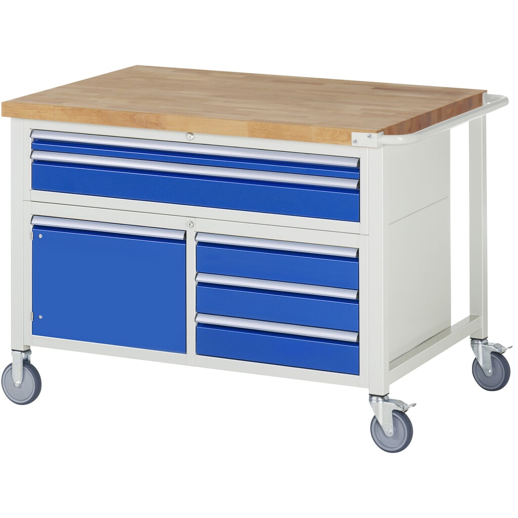 RAU verrijdbare werkbank serie 8000, h x b x d 920 x 1.250 x 900 mm, 1 driedubbele onderbouwkast, met 5 lades en 1 openslaande deur Product afbeelding: RAU verrijdbare werkbank serie 8000, h x b x d 920 x 1.250 x 900 mm, 1 driedubbele onderbouwkast, met 5 lades en 1 openslaande deur