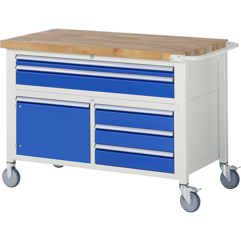 Mobiele werkbank RAU serie 8000, 1 driedubbele kast, 1 draaideur, hxbxd 920-1.120 x 1.250 x 700 mm, 5 x voor 90% uittrekbare lades Product afbeelding: Mobiele werkbank RAU serie 8000, 1 driedubbele kast, 1 draaideur, hxbxd 920-1.120 x 1.250 x 700 mm, 5 x voor 90% uittrekbare lades