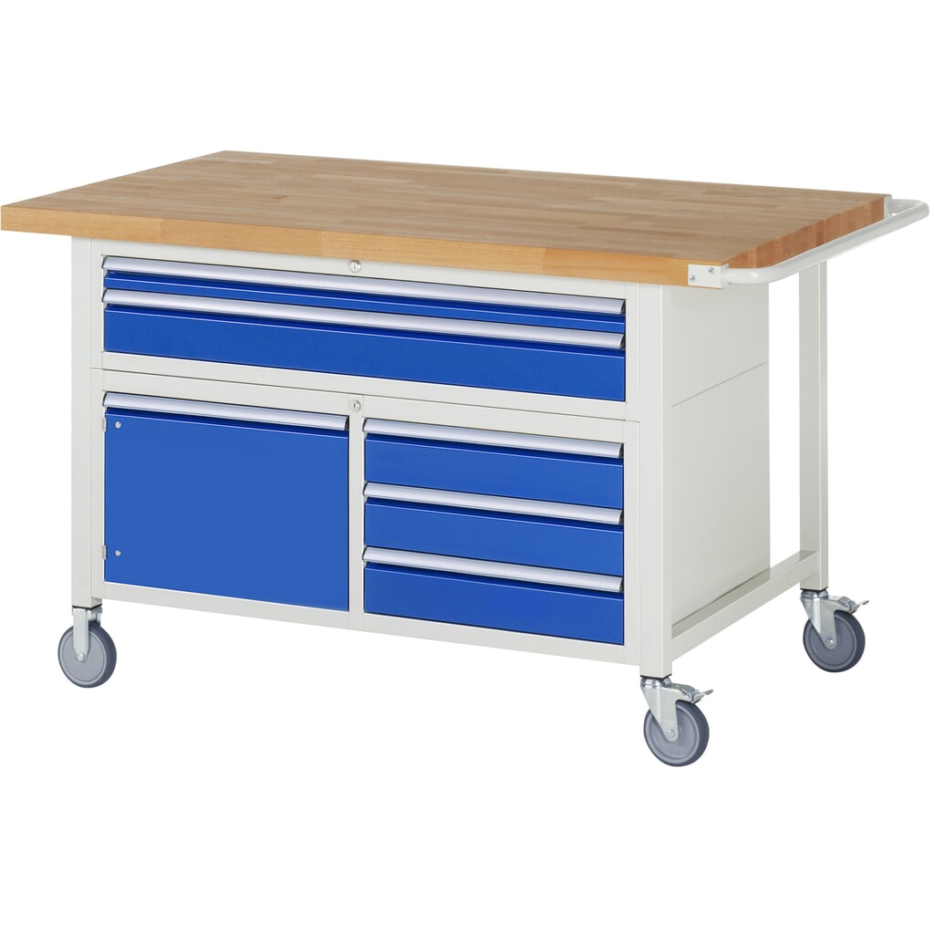 Product afbeelding: RAU verrijdbare werkbank serie 8000, h x b x d 920 x 1.500 x 900 mm, 1 driedubbele onderbouwkast, met 5 lades en 1 openslaande deur