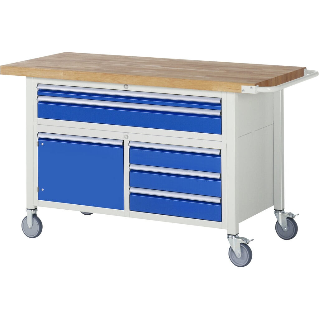 RAU verrijdbare werkbank serie 8000, h x b x d 920 x 1.500 x 700 mm, 1 driedubbele onderbouwkast, met 5 lades en 1 openslaande deur Product afbeelding: RAU verrijdbare werkbank serie 8000, h x b x d 920 x 1.500 x 700 mm, 1 driedubbele onderbouwkast, met 5 lades en 1 openslaande deur