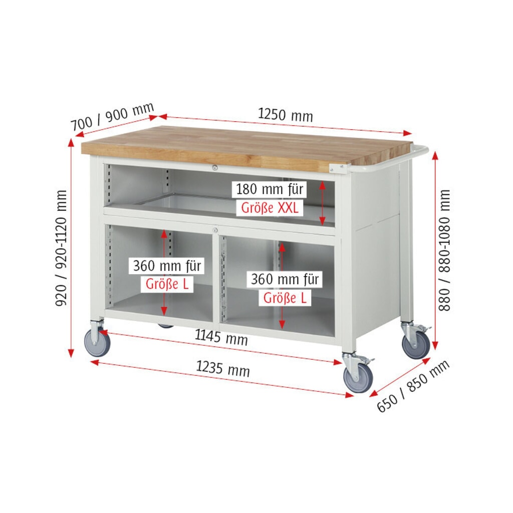 Productafbeelding nr. 8: Mobiele werkbank RAU serie 8000, 1 driedubbele kast, 1 draaideur, hxbxd 920-1.120 x 1.250 x 700 mm, 5 x voor 90% uittrekbare lades