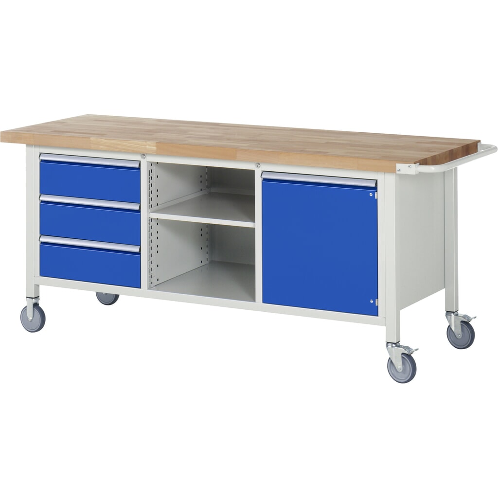 Product afbeelding: Mobiele werkbank RAU serie 8000, 1 driedubbele kast, 1 legbord, 1 draaideur, hxbxd 880-1.080 x 2.000 x 700 mm, 3 x voor 90% uittrekbare lades
