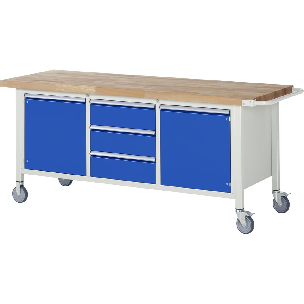 Mobiele werkbank RAU serie 8000, 1 driedubbele kast, 2 legborden, 2 draaideuren, hxbxd 880-1.080 x 2.000 x 700 mm, 3 x voor 90% uittrekbare lades Product afbeelding: Mobiele werkbank RAU serie 8000, 1 driedubbele kast, 2 legborden, 2 draaideuren, hxbxd 880-1.080 x 2.000 x 700 mm, 3 x voor 90% uittrekbare lades